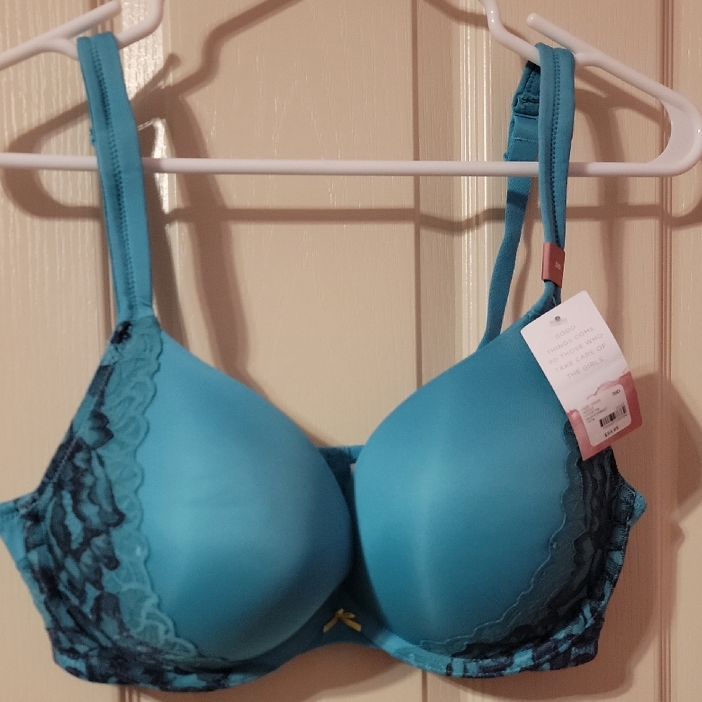 Cacique Aqua and Navy Lace Bra